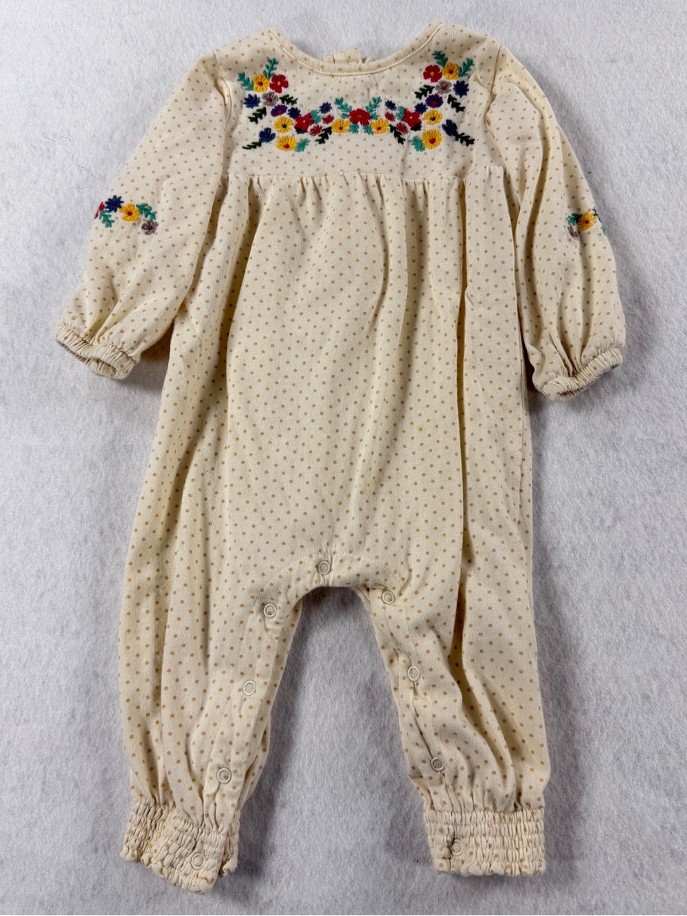 Peek Baby Girls Cream Polka Dot Floral Embroidered Cotton Romper 6-12M